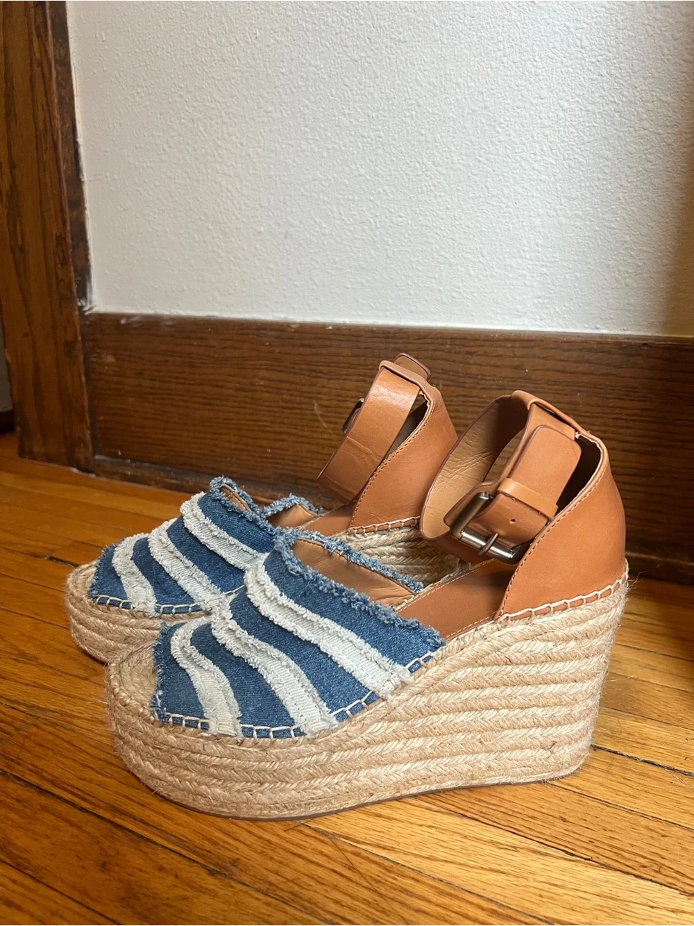 Frayed Marc Fisher Denim Stripe Espadrille loWedge oSandals - Blue/Tan
